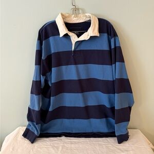 L.L. Bean Men's Vintage Navy and Blue Striped Rugby Shirt - Sz XL
